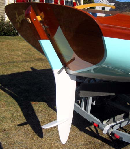 The beautifully crafted rudder with its integral rescue step.